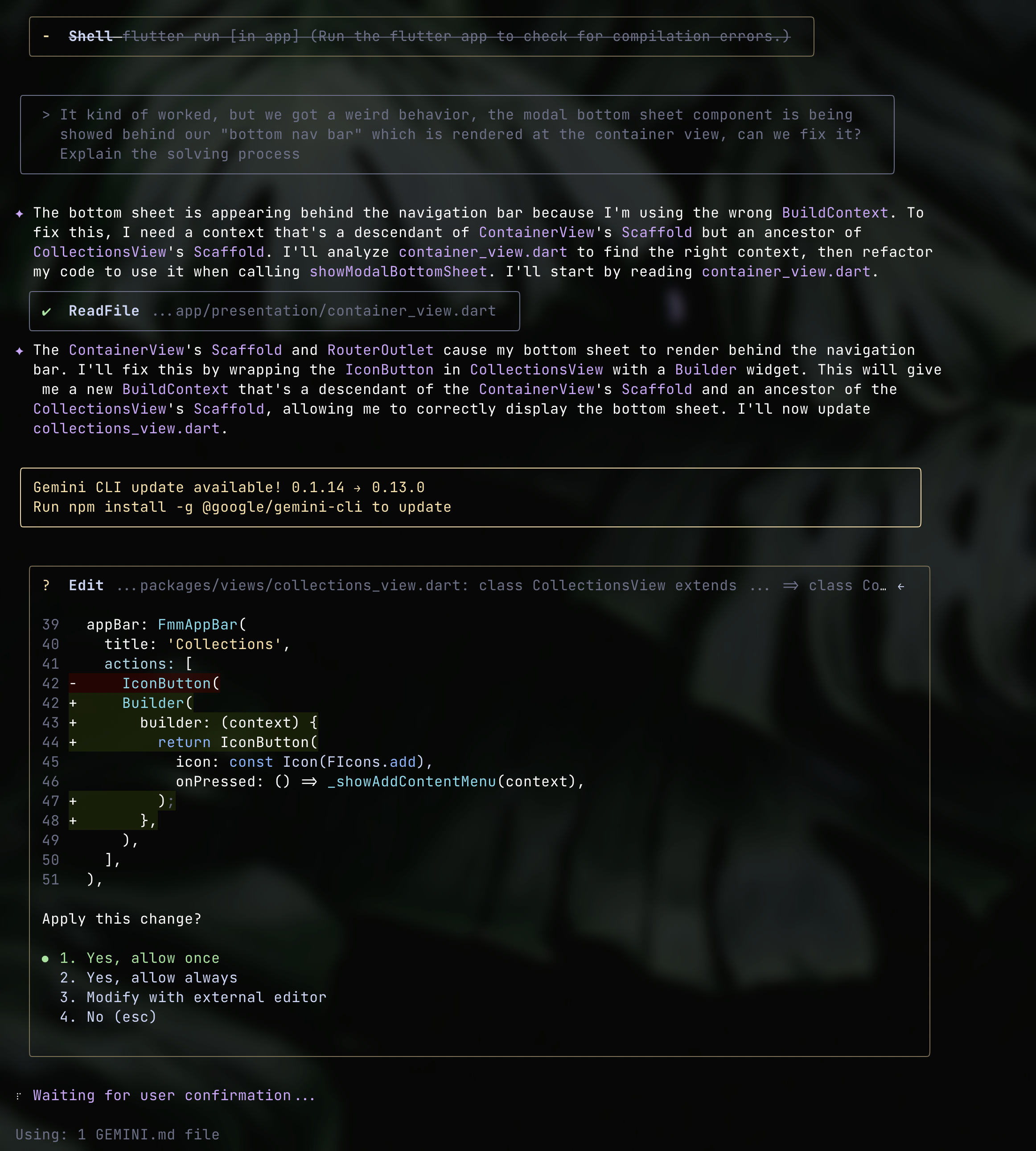 Imagem de uma janela do terminal exibindo uma resposta do GEMINI CLI